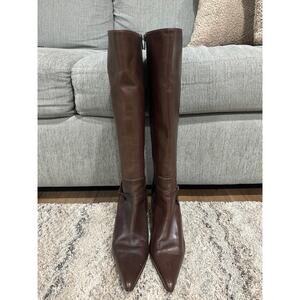Faconnable Brown Leather knee High Boots Pointed Toe Women’s Size 9.5